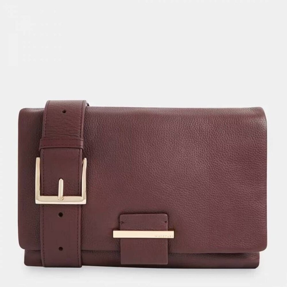 WHISTLES Alicia pebbled leather small clutch shoulder bag - Burgundy/Wine